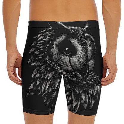 Black And White Owl Print Men's Long Boxer Briefs