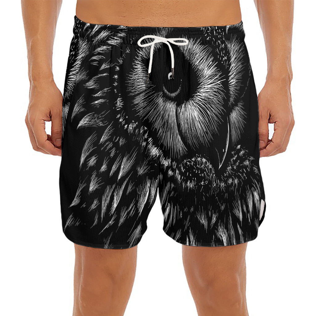 Black And White Owl Print Men's Split Running Shorts