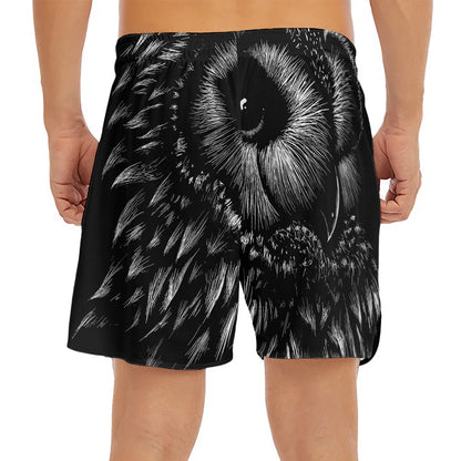 Black And White Owl Print Men's Split Running Shorts