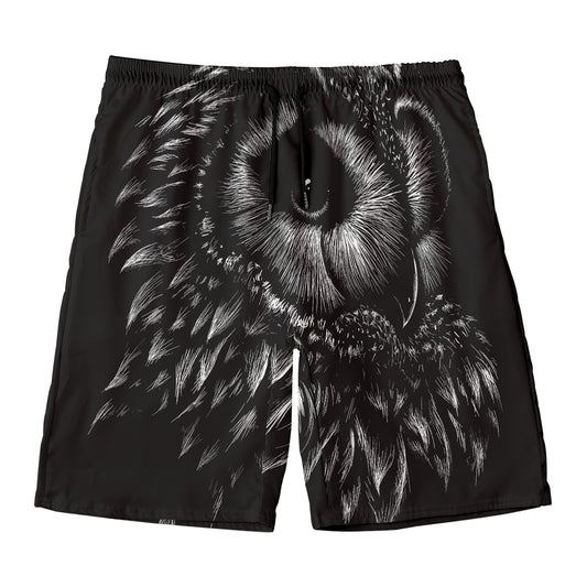 Black And White Owl Print Men's Swim Trunks