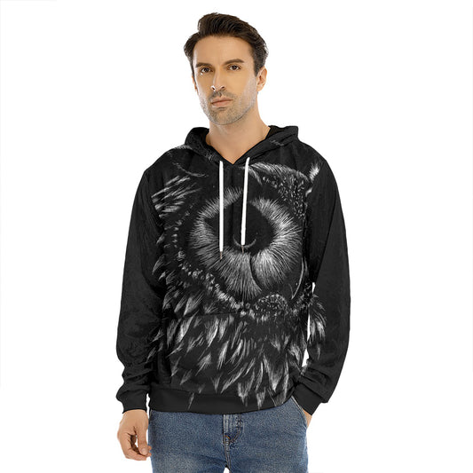 Black And White Owl Print Men's Velvet Pullover Hoodie