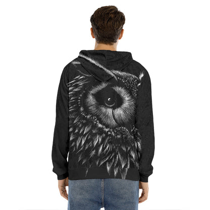 Black And White Owl Print Men's Velvet Pullover Hoodie