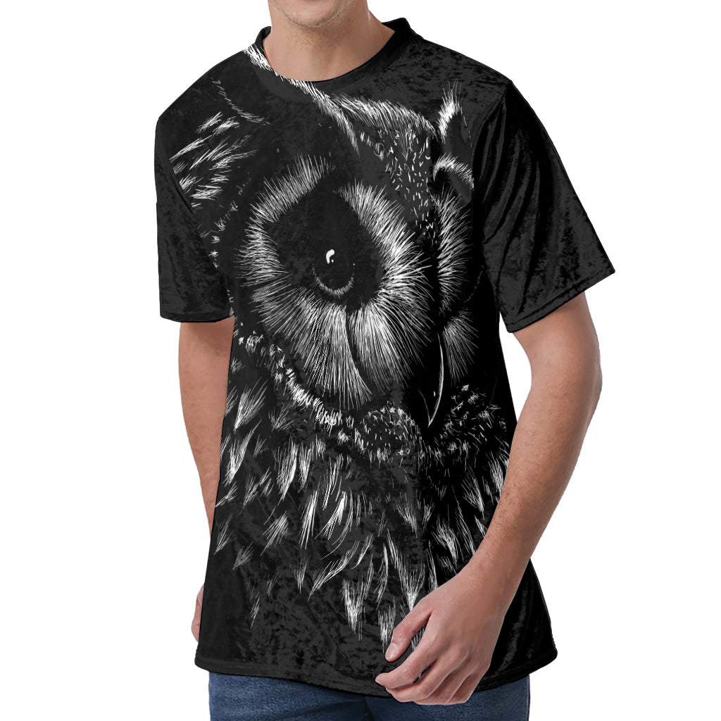 Black And White Owl Print Men's Velvet T-Shirt