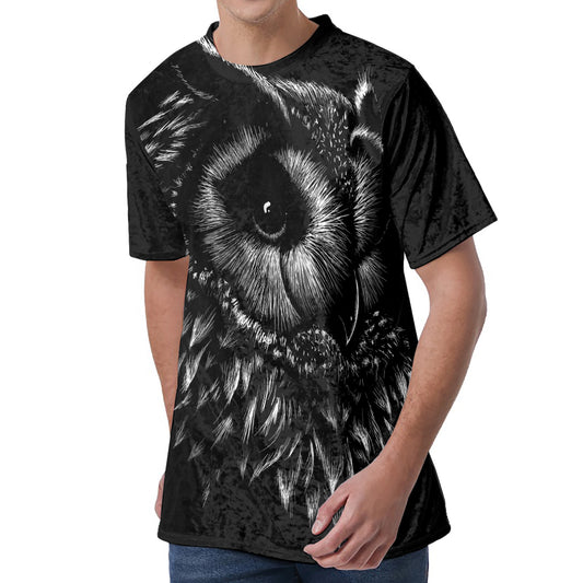 Black And White Owl Print Men's Velvet T-Shirt