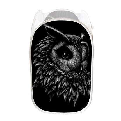Black And White Owl Print Mesh Laundry Hamper