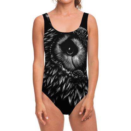 Black And White Owl Print One Piece Swimsuit
