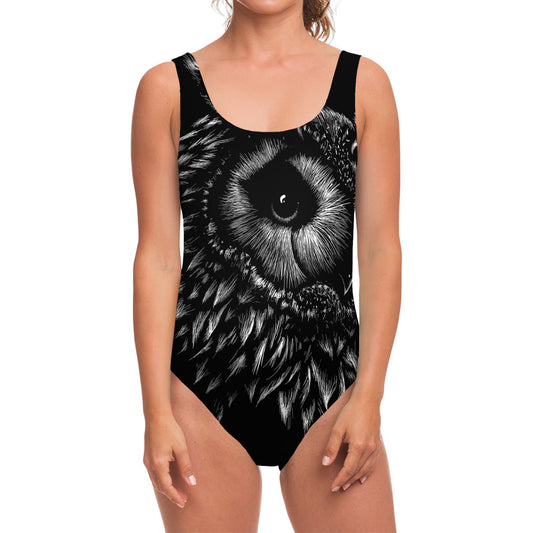 Black And White Owl Print One Piece Swimsuit