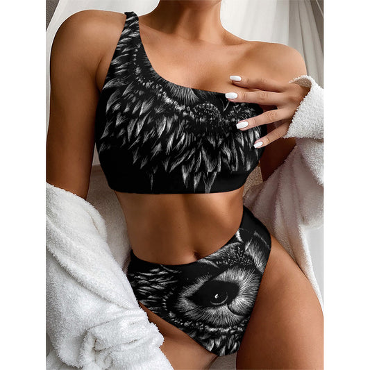 Black And White Owl Print One Shoulder Bikini Top