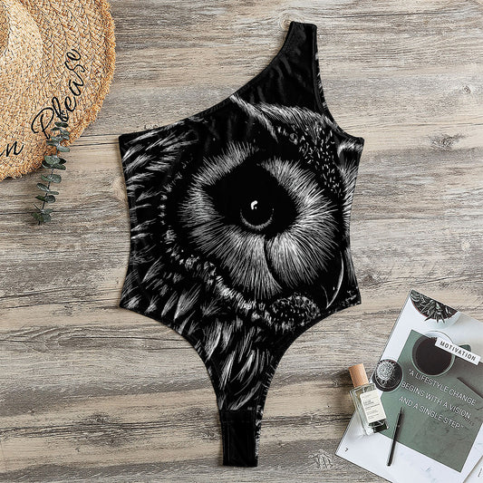Black And White Owl Print One Shoulder Bodysuit