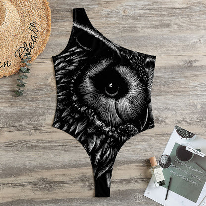 Black And White Owl Print One Shoulder Bodysuit