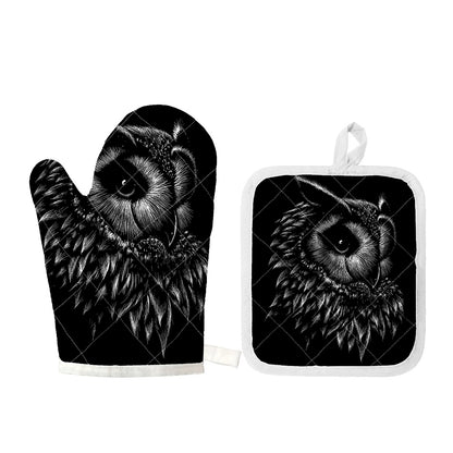 Black And White Owl Print Oven Mitt And Pot Holder Set