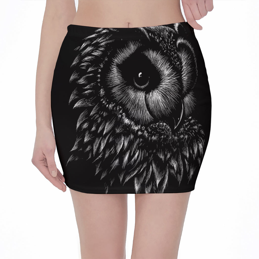 Black And White Owl Print Pencil Mini Skirt