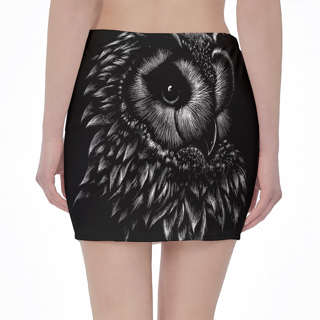 Black And White Owl Print Pencil Mini Skirt
