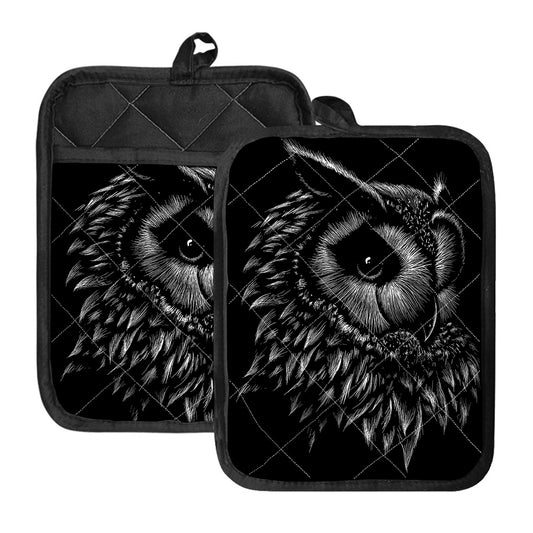 Black And White Owl Print Pot Holders With Pocket