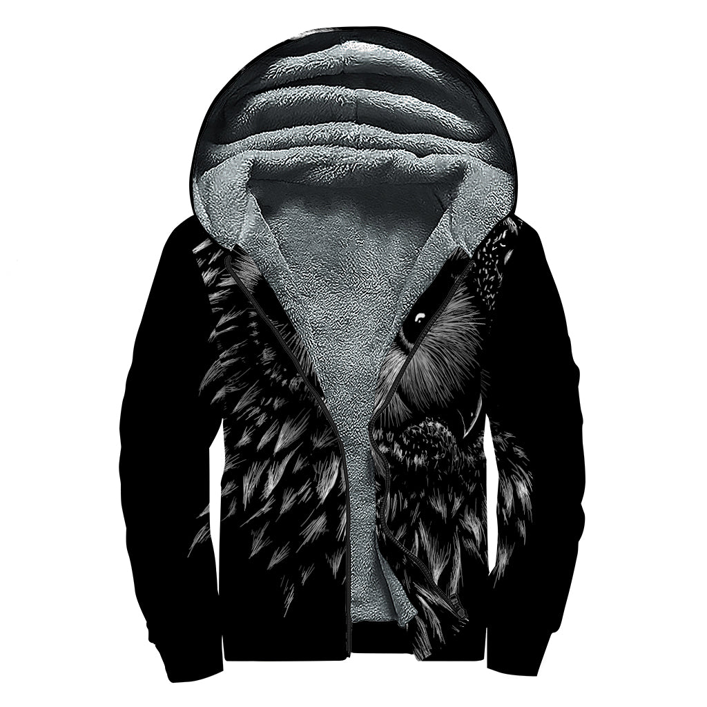 Black And White Owl Print Sherpa Lined Zip Up Hoodie