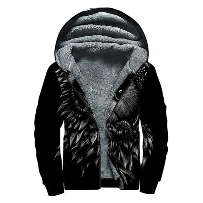 Black And White Owl Print Sherpa Lined Zip Up Hoodie