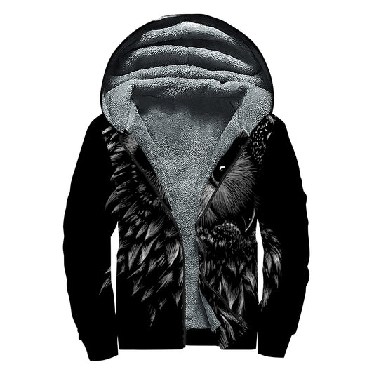 Black And White Owl Print Sherpa Lined Zip Up Hoodie