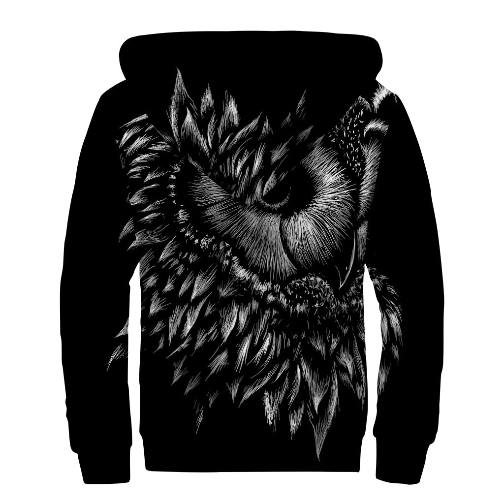 Black And White Owl Print Sherpa Lined Zip Up Hoodie