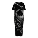 Black And White Owl Print Short Sleeve Long Nightdress