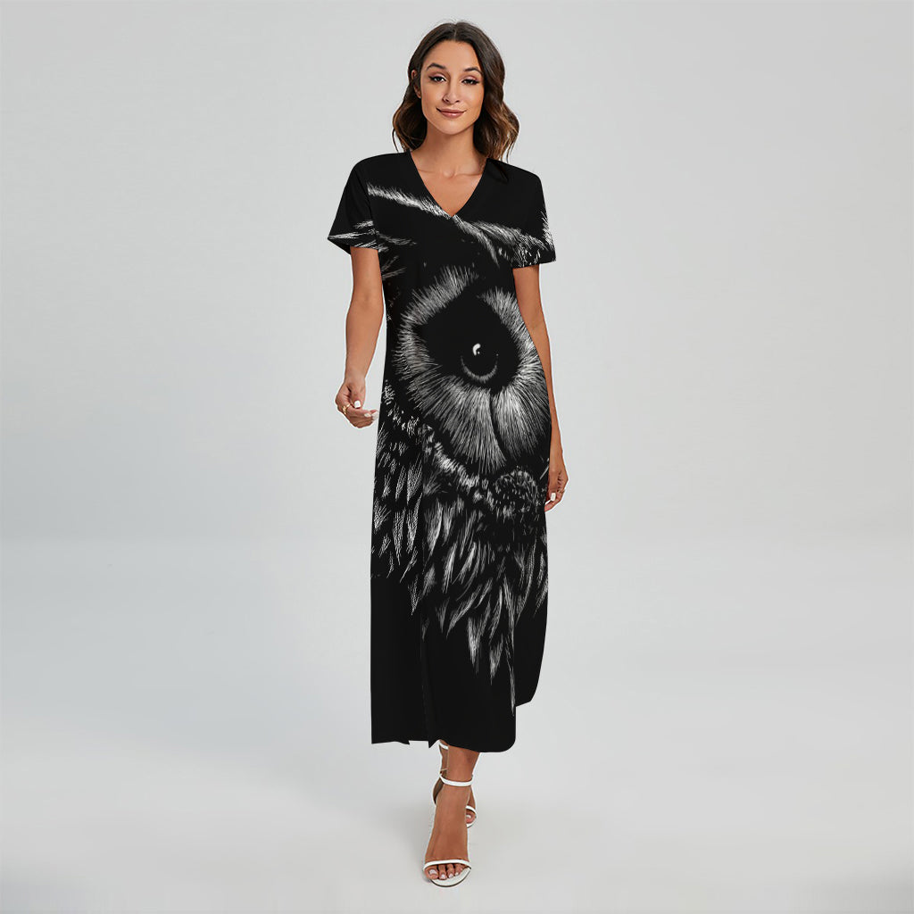 Black And White Owl Print Short Sleeve Maxi Dress