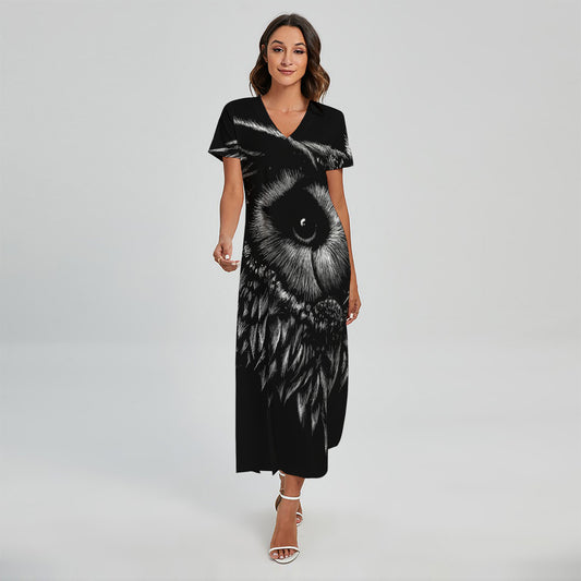 Black And White Owl Print Short Sleeve Maxi Dress