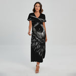 Black And White Owl Print Short Sleeve Maxi Dress
