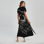 Black And White Owl Print Short Sleeve Maxi Dress