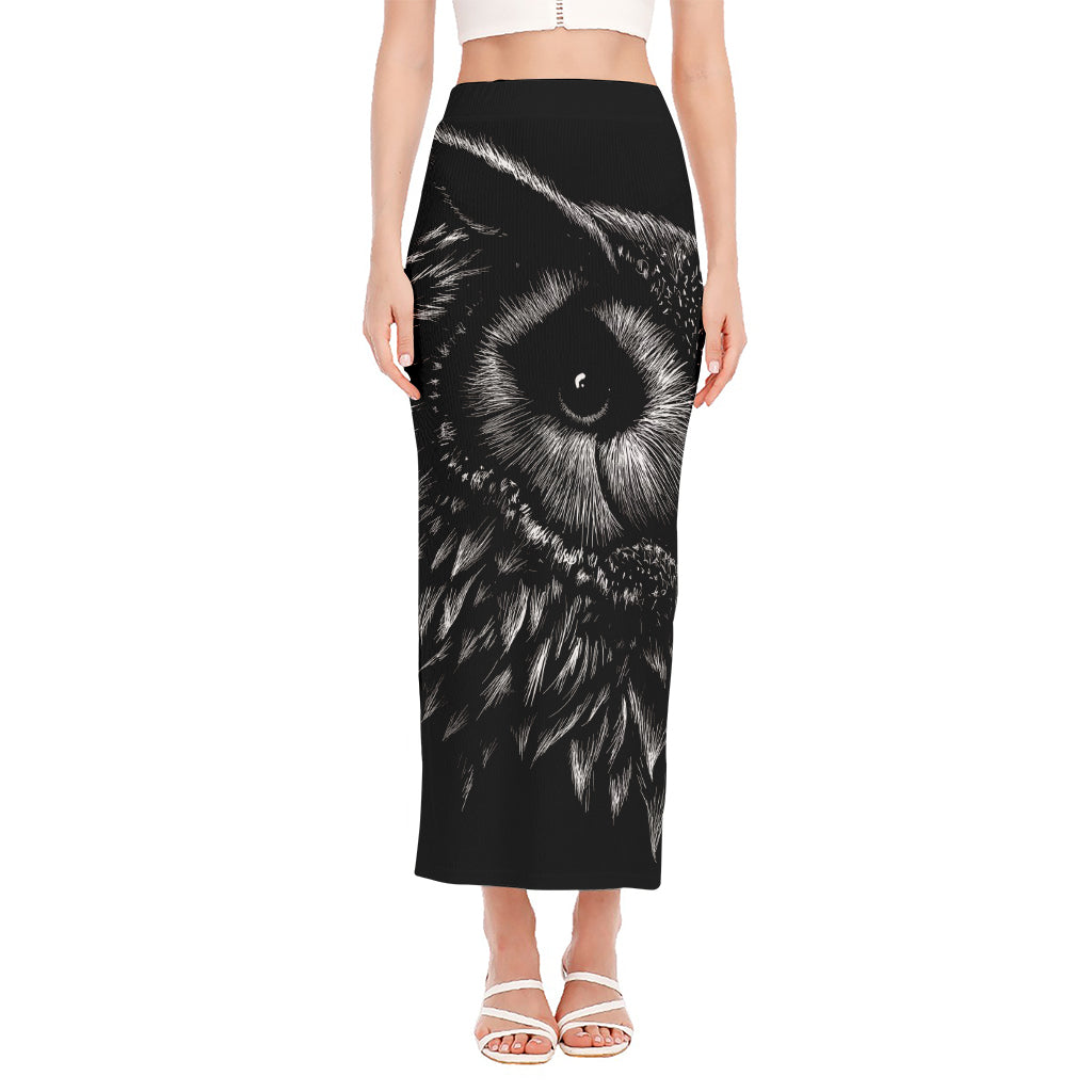 Black And White Owl Print Side Slit Maxi Skirt
