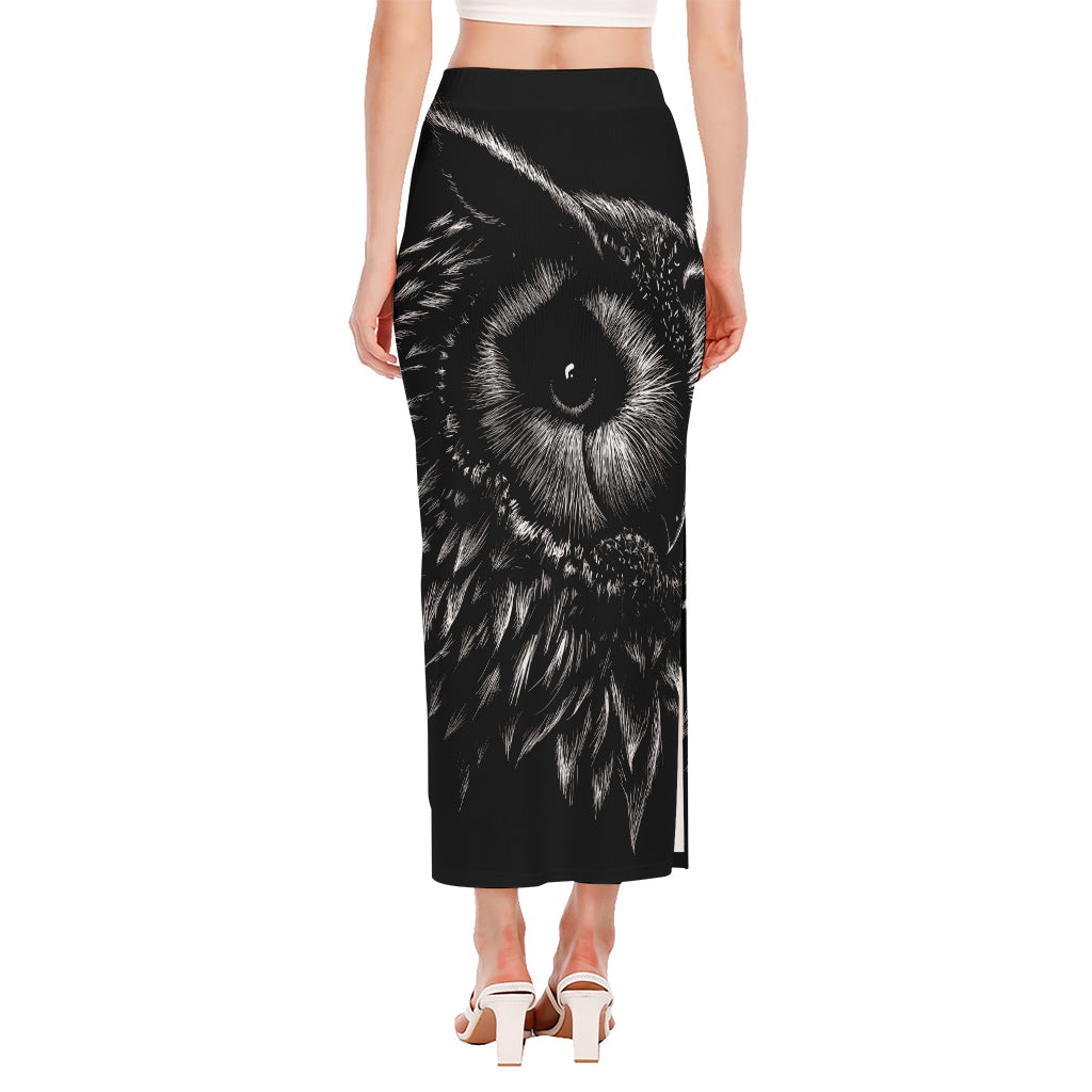 Black And White Owl Print Side Slit Maxi Skirt