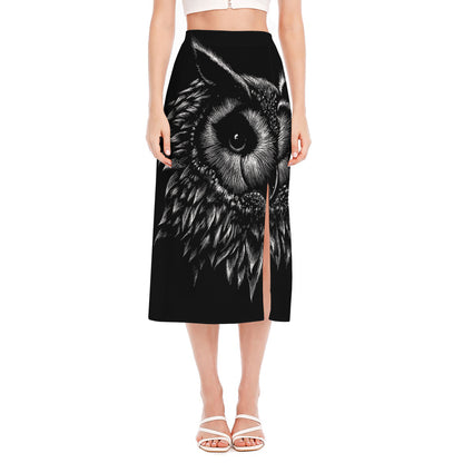 Black And White Owl Print Side Slit Midi Skirt