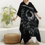 Black And White Owl Print Silk V-Neck Kaftan Dress