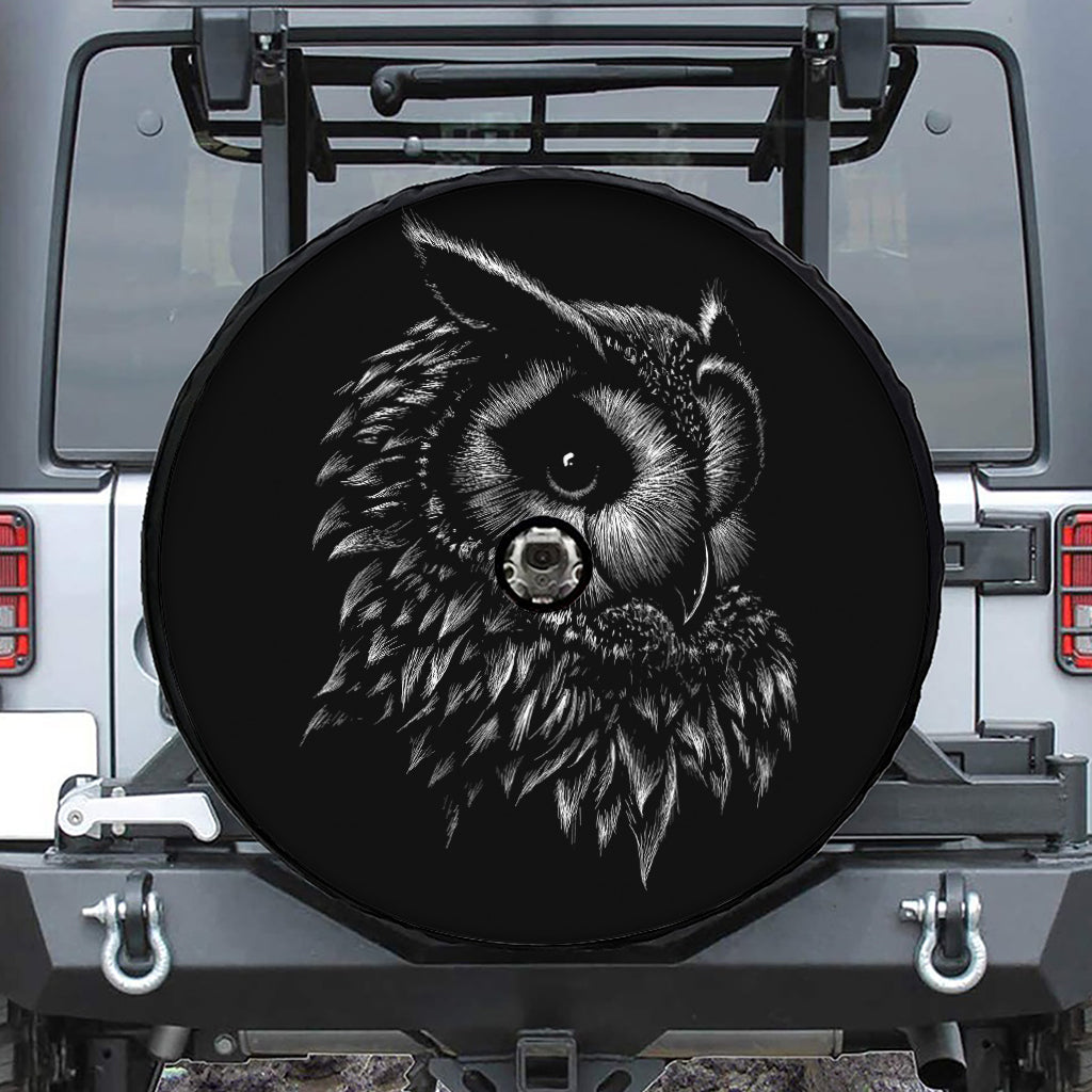 Black And White Owl Print Tire Cover With Camera Hole