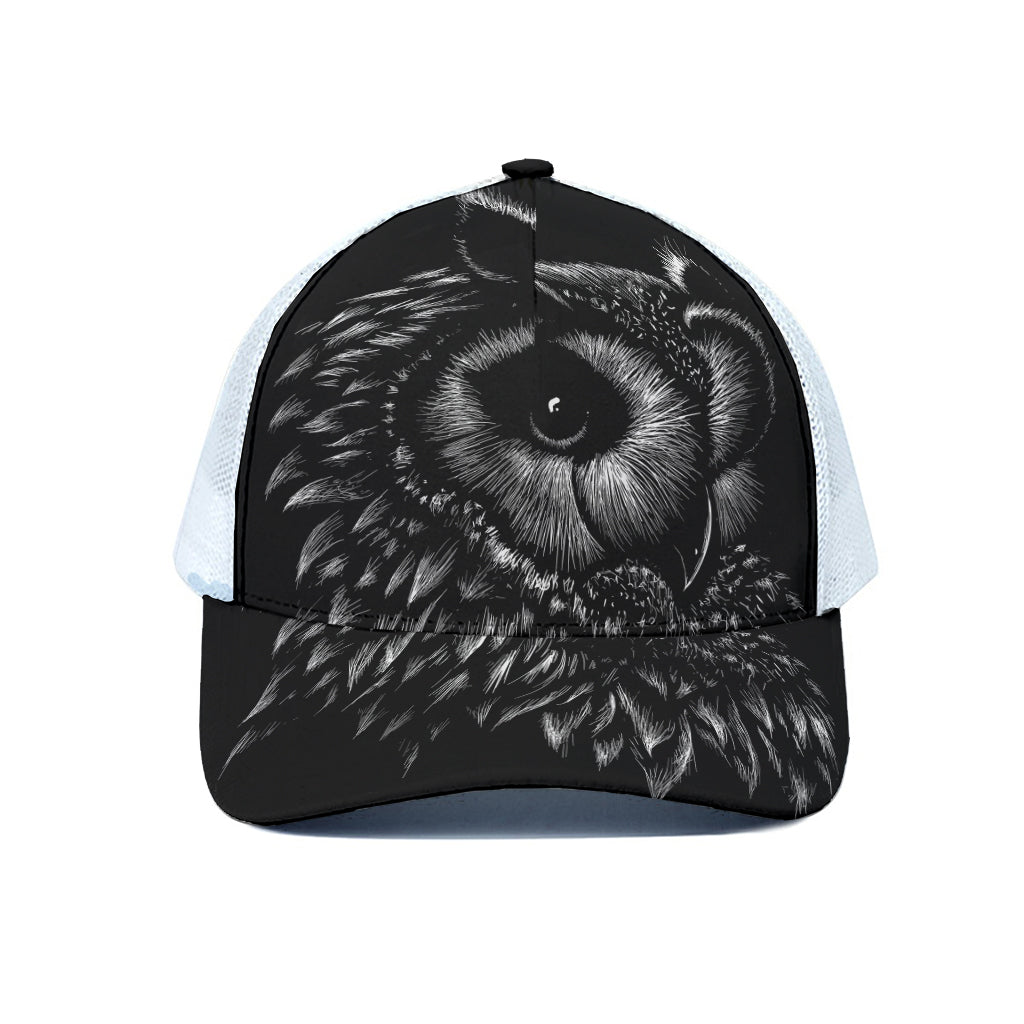 Black And White Owl Print White Mesh Trucker Cap