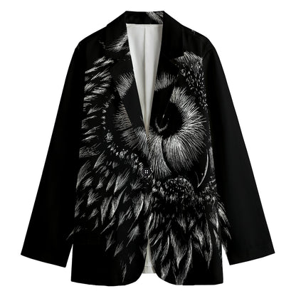 Black And White Owl Print Women's Cotton Blazer