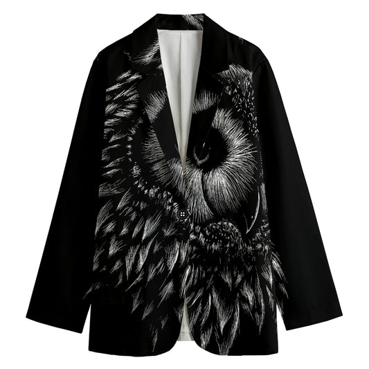 Black And White Owl Print Women's Cotton Blazer
