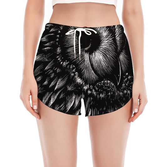 Black And White Owl Print Women's Split Running Shorts
