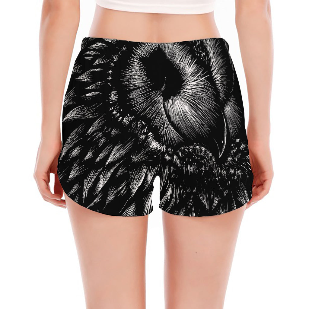 Black And White Owl Print Women's Split Running Shorts