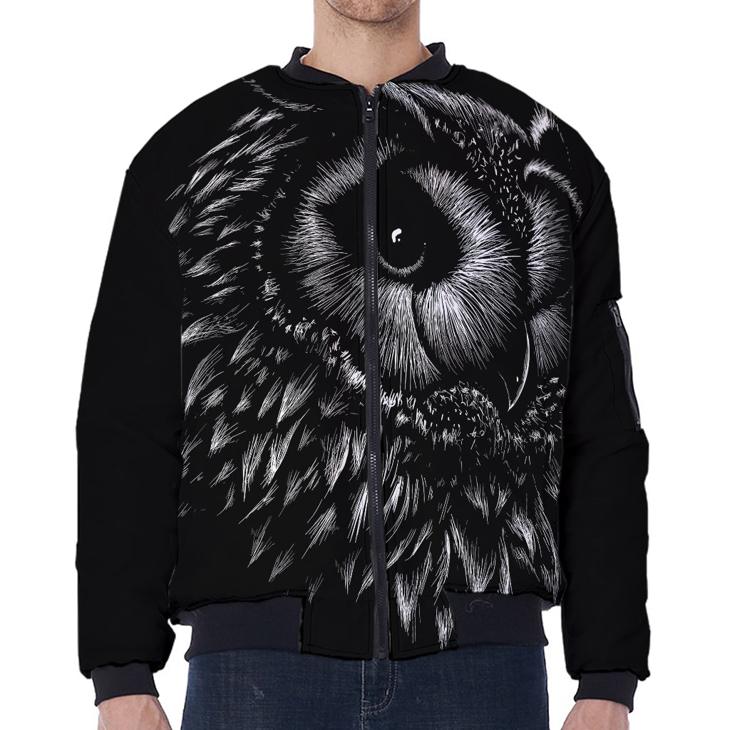 Black And White Owl Print Zip Sleeve Bomber Jacket