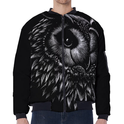 Black And White Owl Print Zip Sleeve Bomber Jacket