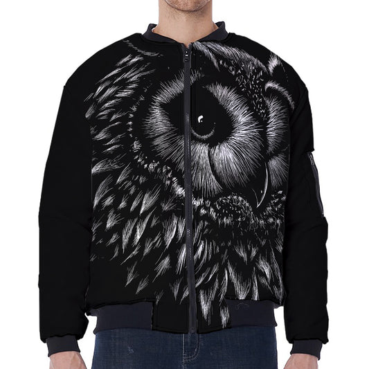 Black And White Owl Print Zip Sleeve Bomber Jacket