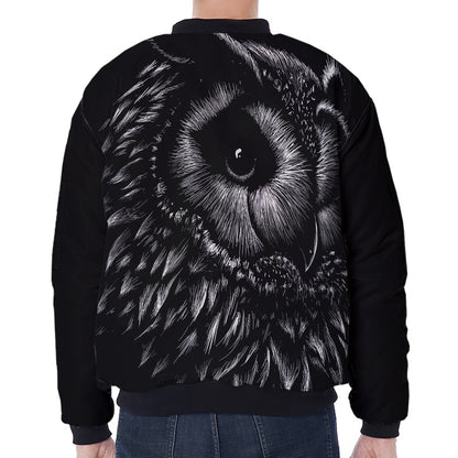 Black And White Owl Print Zip Sleeve Bomber Jacket