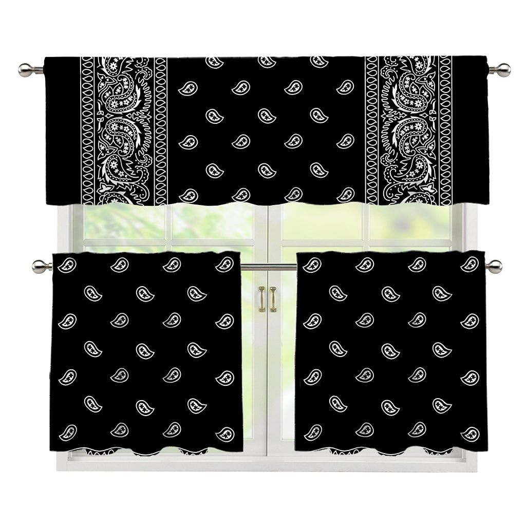 Black And White Paisley Bandana Print 3 Piece Kitchen Curtains
