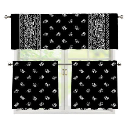 Black And White Paisley Bandana Print 3 Piece Kitchen Curtains