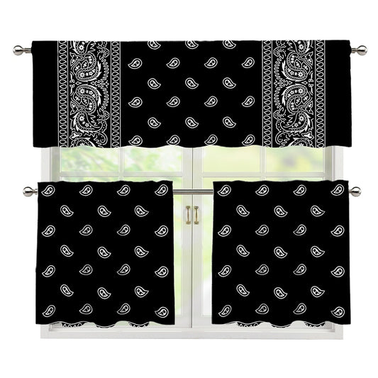 Black And White Paisley Bandana Print 3 Piece Kitchen Curtains