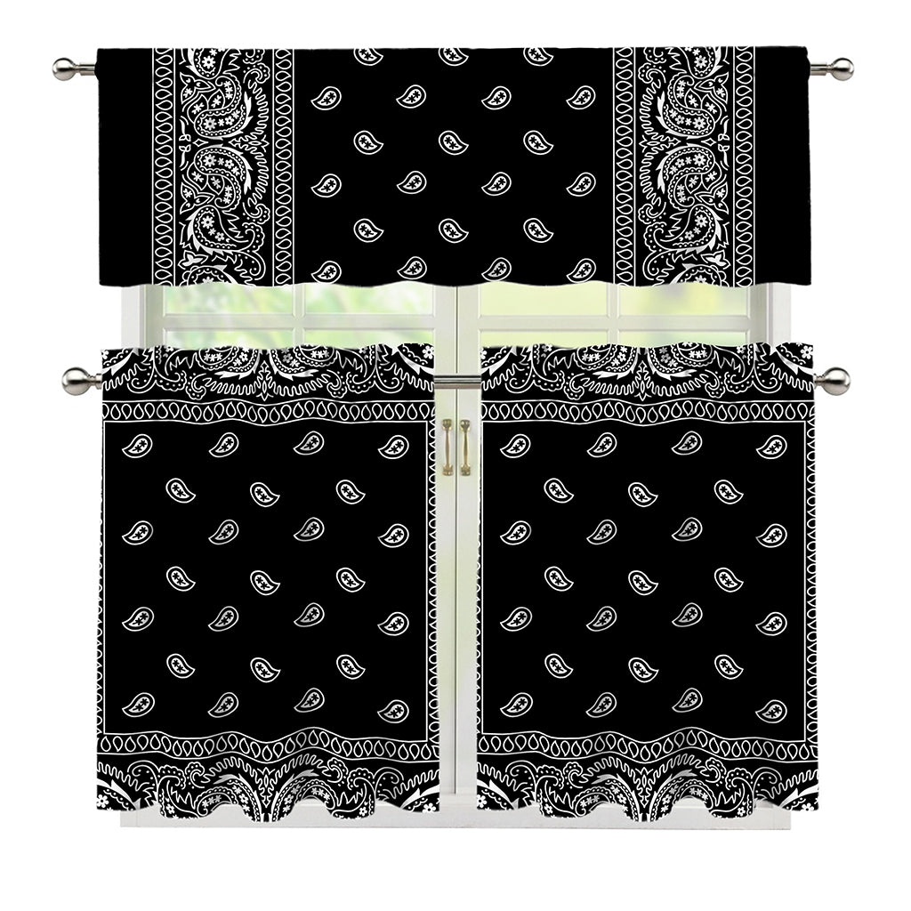 Black And White Paisley Bandana Print 3 Piece Kitchen Curtains