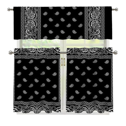 Black And White Paisley Bandana Print 3 Piece Kitchen Curtains