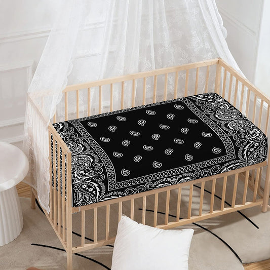 Black And White Paisley Bandana Print Baby Crib Sheet