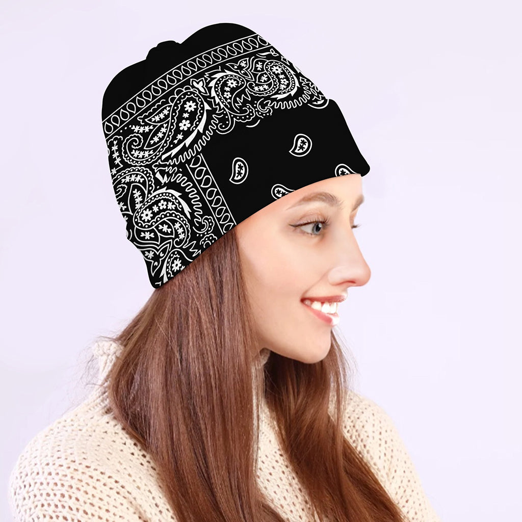 Black And White Paisley Bandana Print Beanie