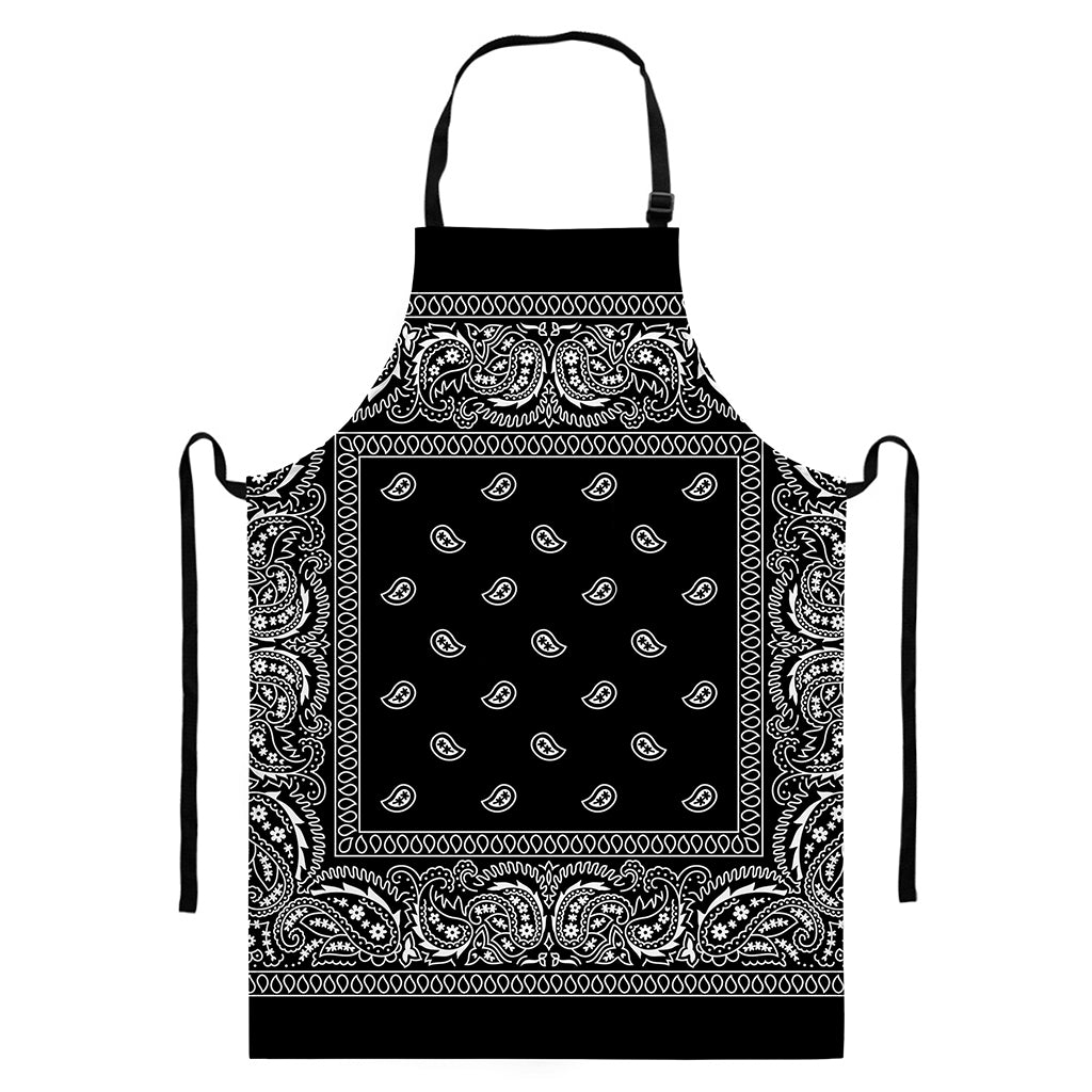 Black And White Paisley Bandana Print Bib Apron With Pocket