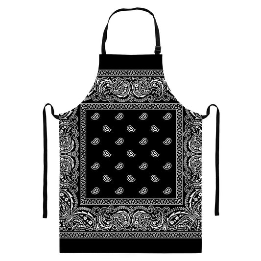 Black And White Paisley Bandana Print Bib Apron With Pocket